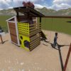elevation view of swing set and 4x8 shed