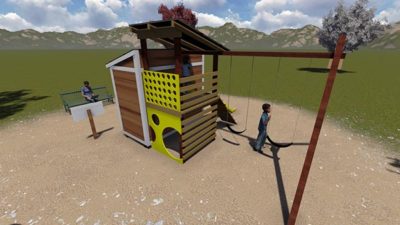elevation view of swing set and 4x8 shed