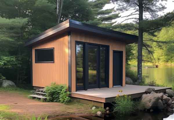 10x16_modern_shed_over_looking_lake_2 diy-plans com