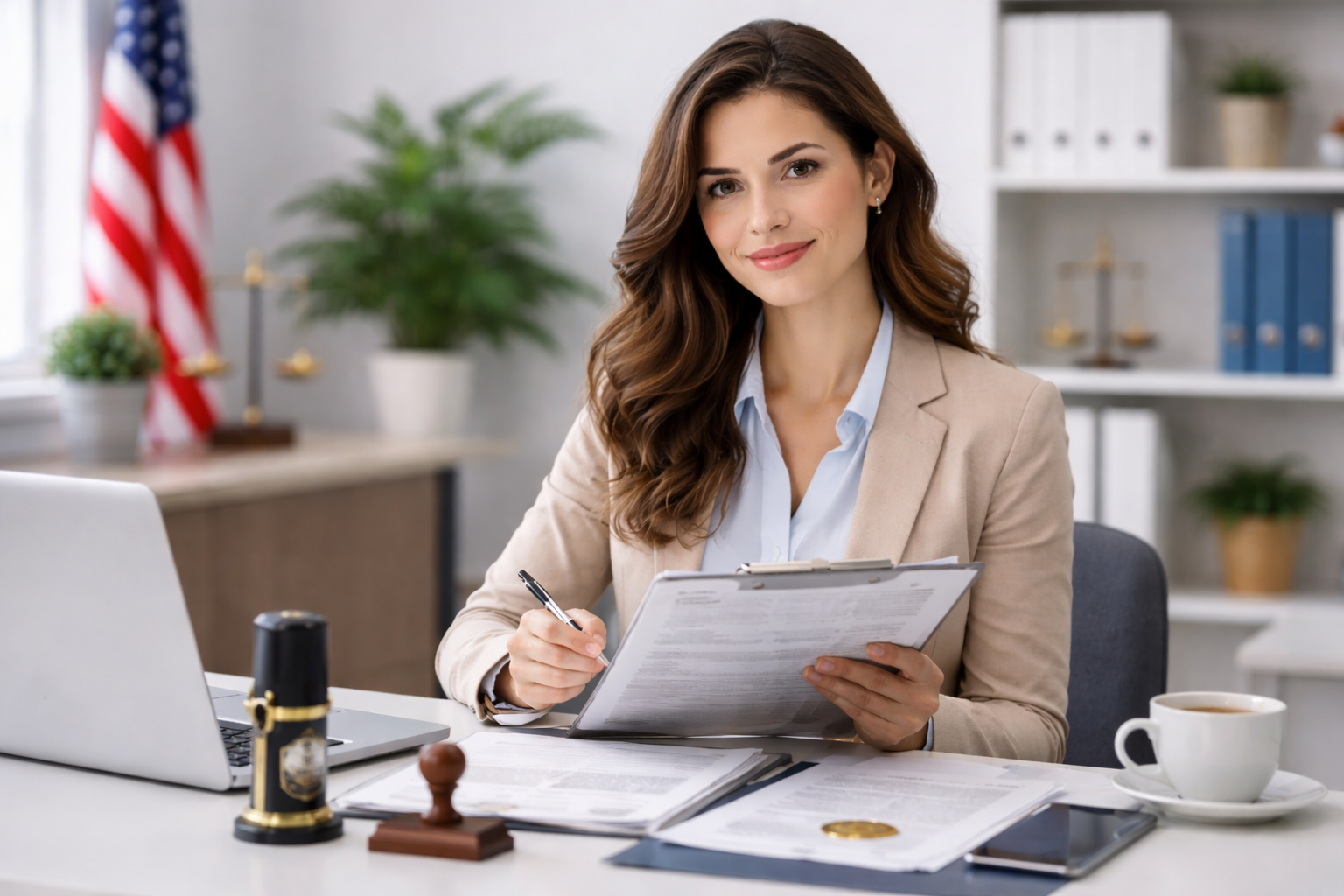Professional reviewing notary compliance documents at a desk with an Illinois state seal visible on paperwork, representing the new mandatory testing requirements for Illinois notary applicants.